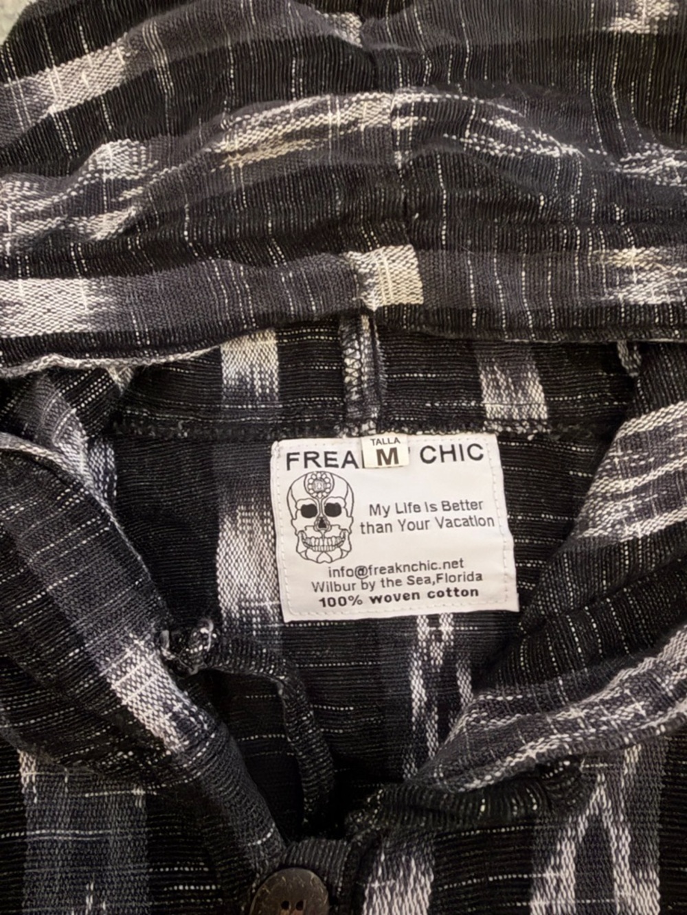 Men’s Woven Cotton Lightweight Black & White Button Up Hooded Jacket Sz Med - Picture 2 of 3